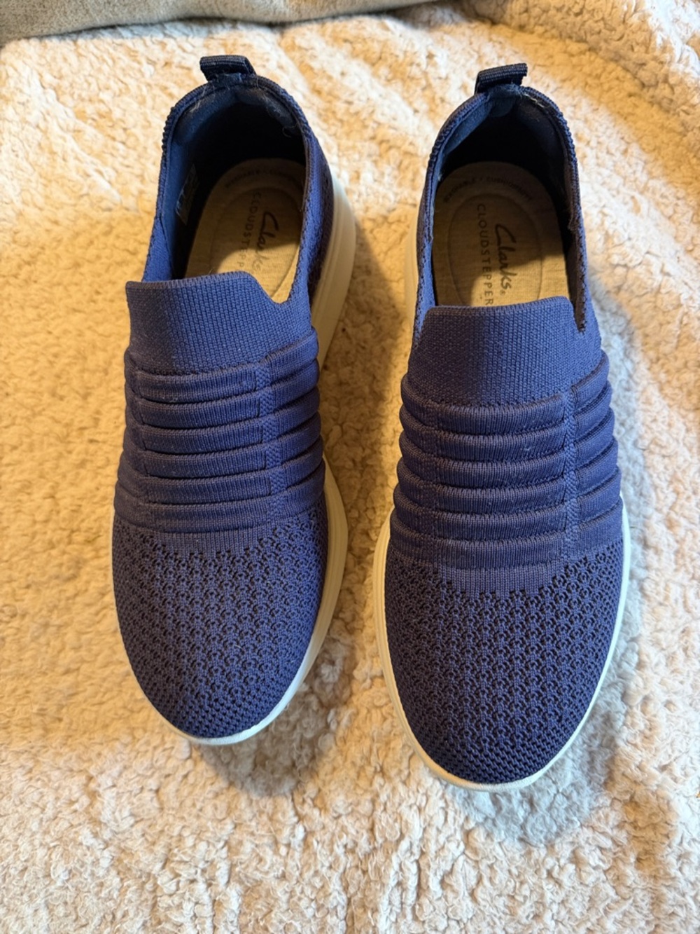 Clarks Navy Knit Slip-On Sneakers with White Sole